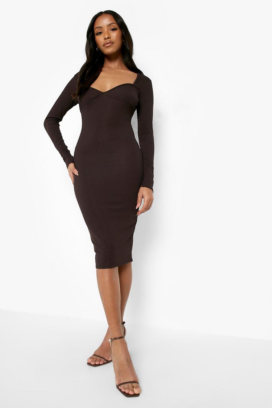Chocolate Petite Ruched Bust Sweetheart Rib Midi Dress image number 1