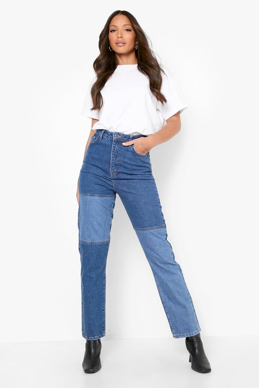 Tall Patchwork Jeans mit geradem Bein, Mid blue image number 1