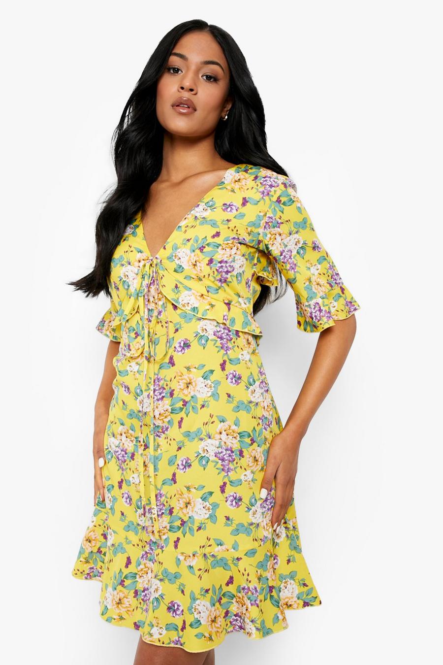 Yellow Tall Woven Floral Print Ruffle Tea Dress image number 1