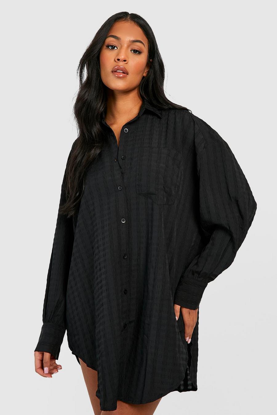 Black Tall Textured Woven Oversized Shirt Dress image number 1