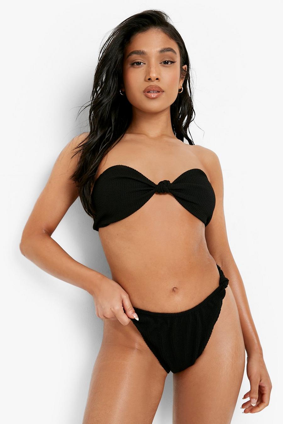 Top bikini Petite a fascia effetto goffrato con nodo, Black nero