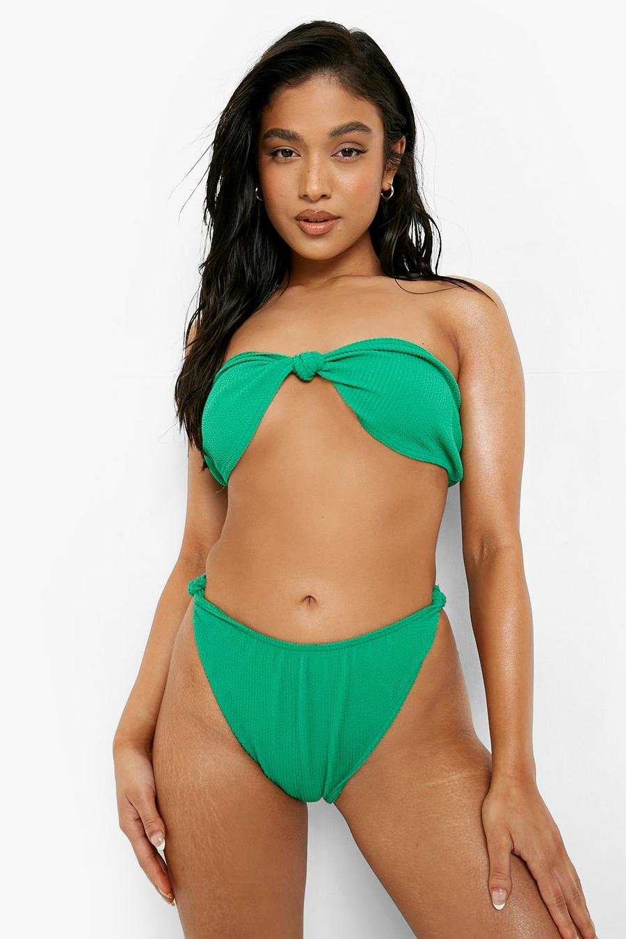 Green Petite Crinkle Knot Detail Bandeau Bikini Top
