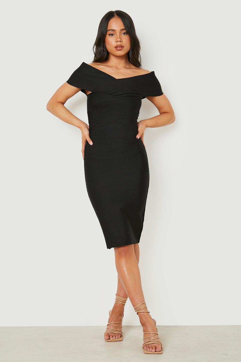 Petite black 2025 bardot dress