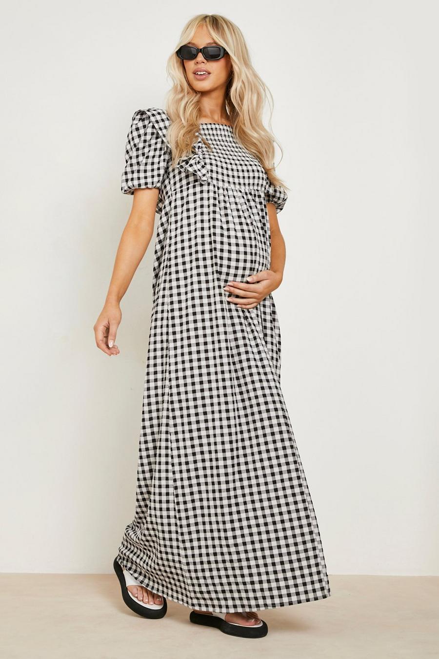 Black Maternity Textured Gingham Maxi Dress image number 1