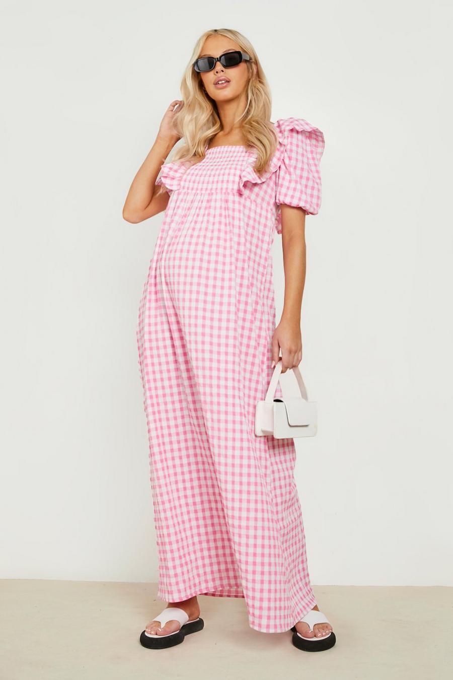 Hot pink Maternity Textured Gingham Maxi Dress image number 1
