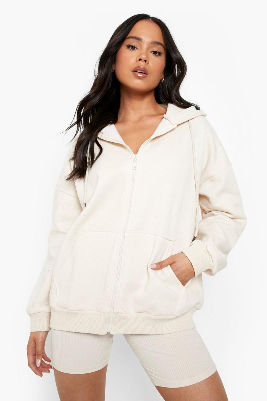 Stone Petite Recycled Oversized Zip Through Hoodie image number 1