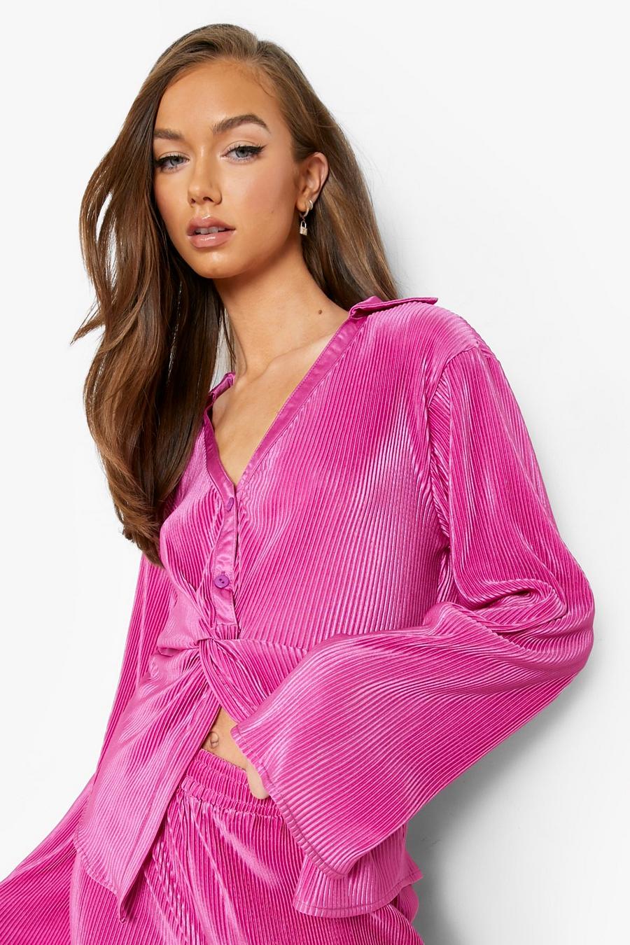 Hot pink Premium Plisse Twist Front Shirt image number 1