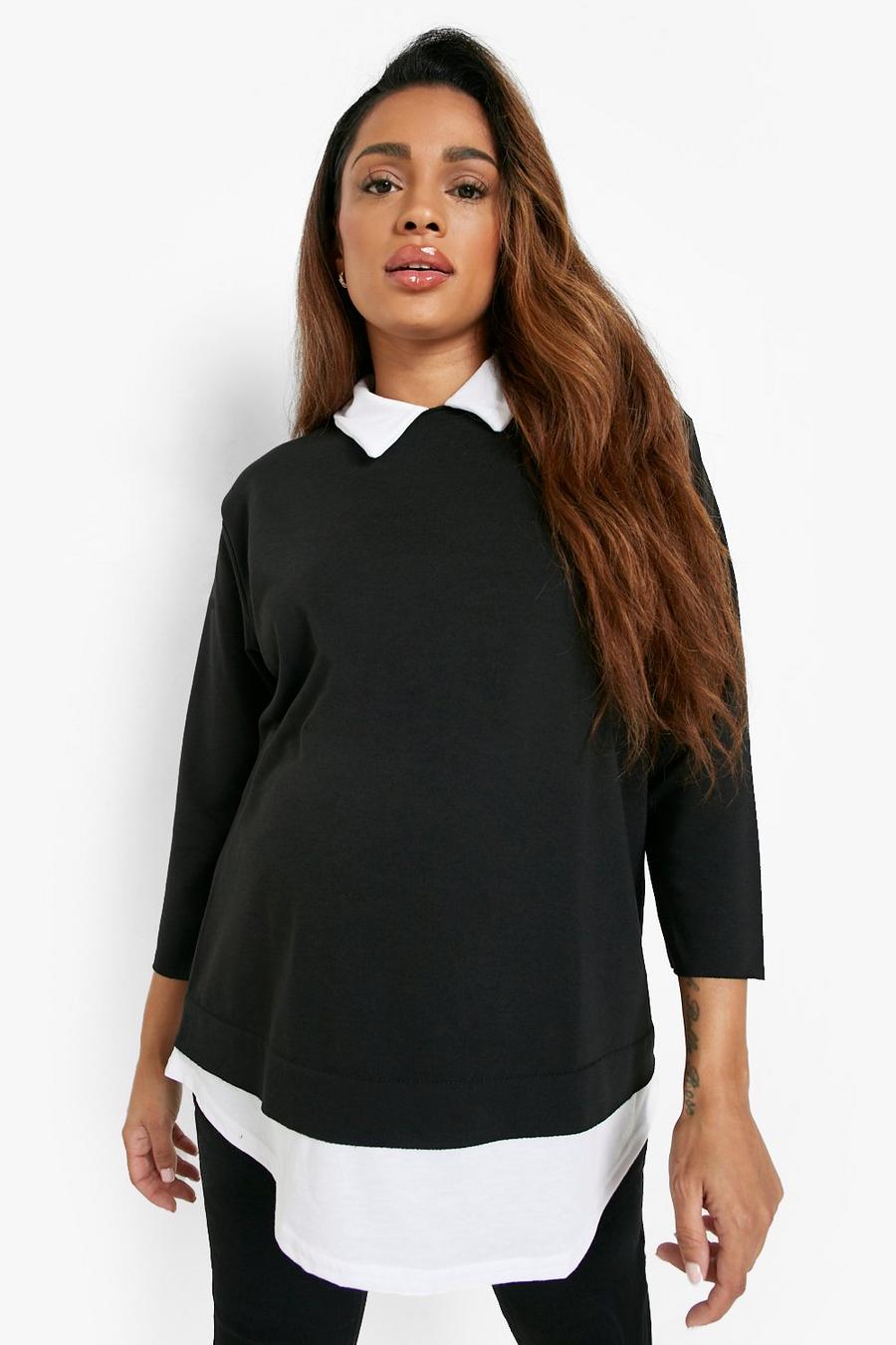 Black Maternity 2 In 1 Shirt Raw Edge Top image number 1