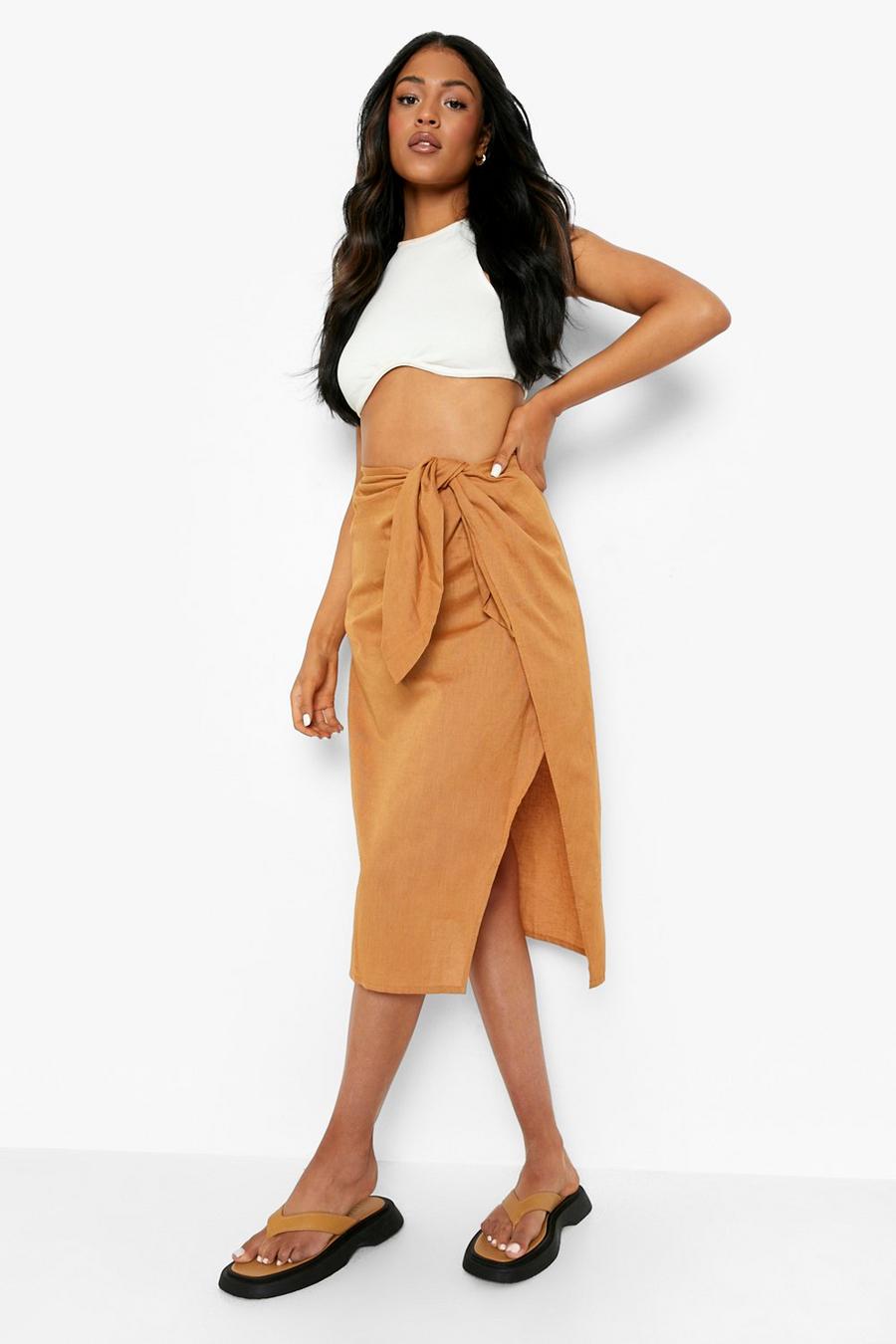 Tan brown Tall Linen Knot Front Wrap Midi Skirt 