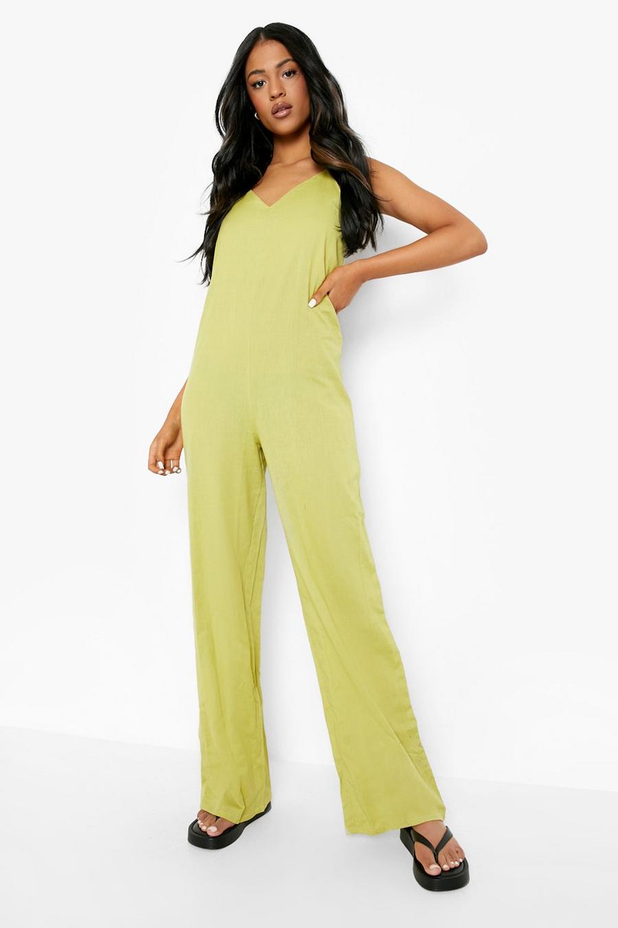 Chartreuse amarillo Tall Linen Wide Leg Cami Jumpsuit