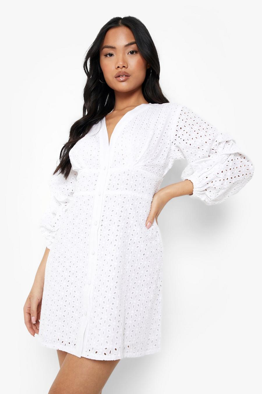 White Petite Broderie Ruched Puff Sleeve Mini Dress