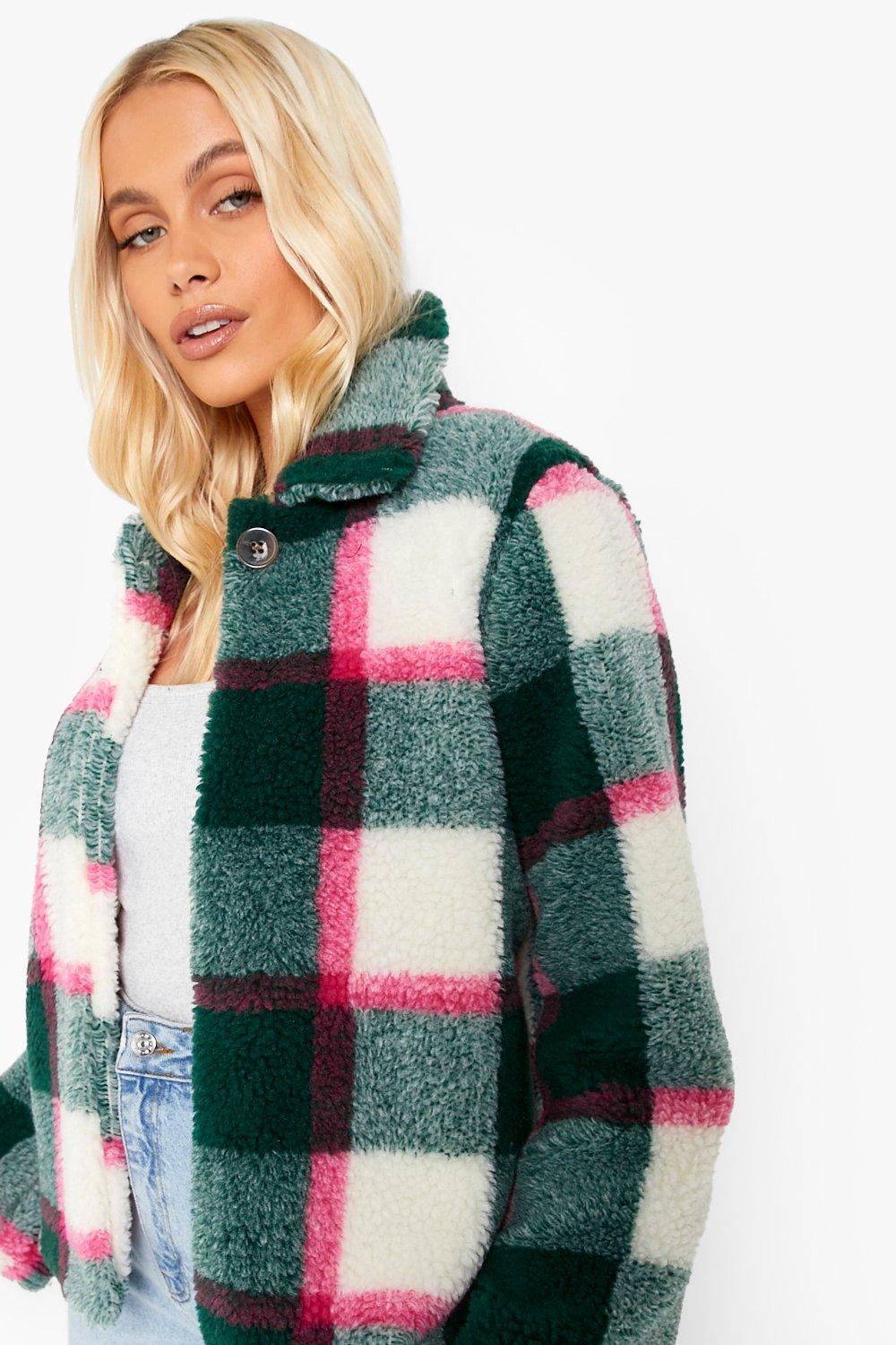 Green Check Teddy Fur Coat