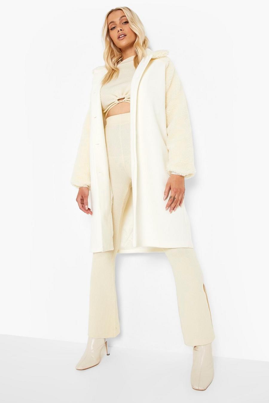 Cream Teddy Faux Fur Sleeve Belted Coat image number 1