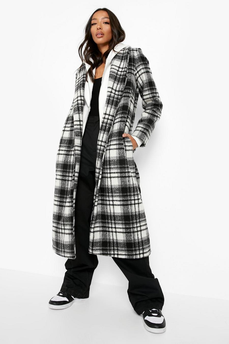 Black Grid Check Wool Look Coat