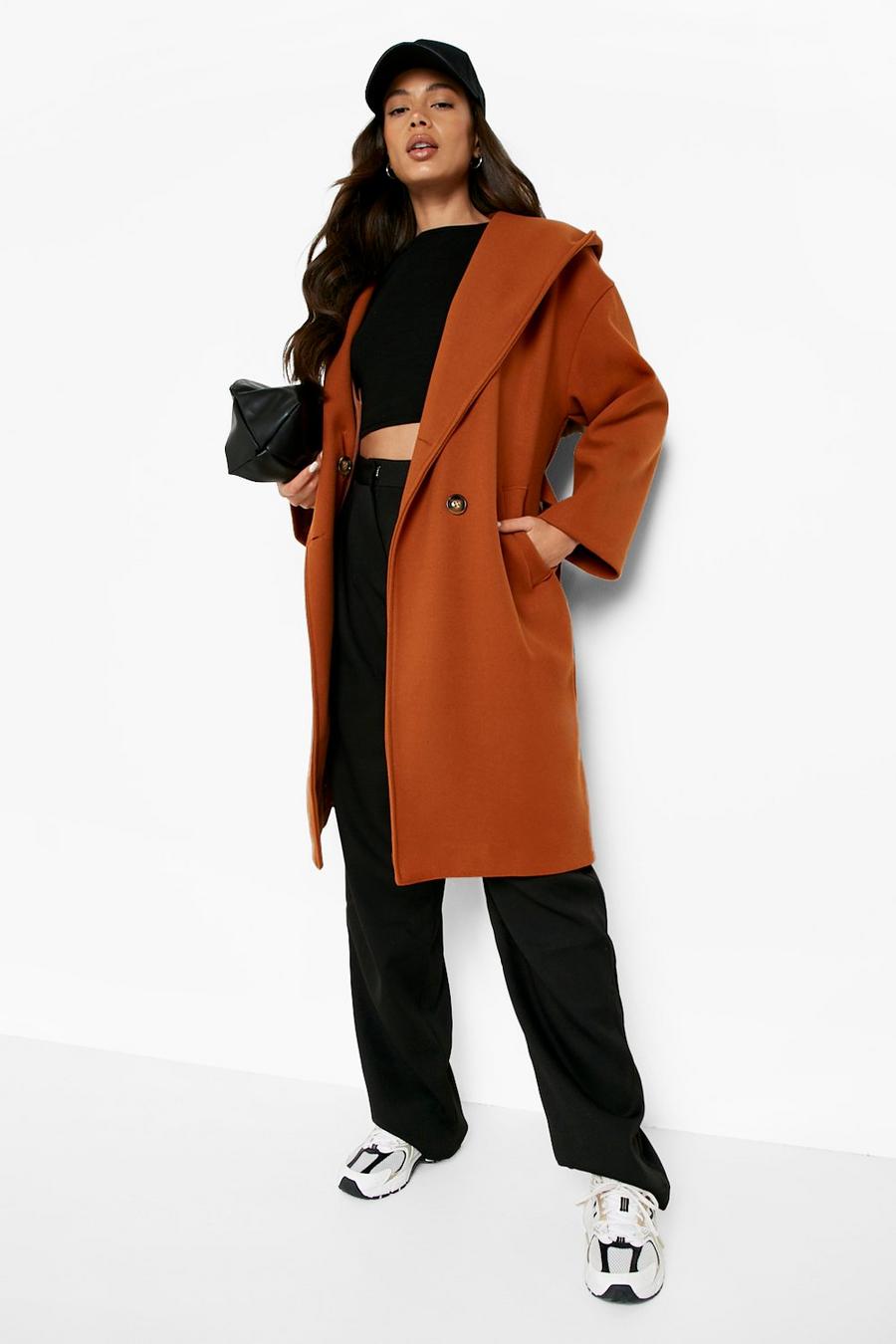 Rust orange Belted Hooded Wool Look Coat
