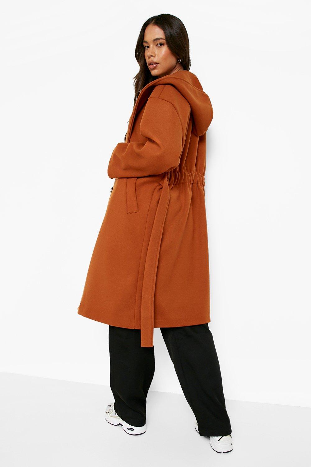 Belted Hooded Wool Look Coat