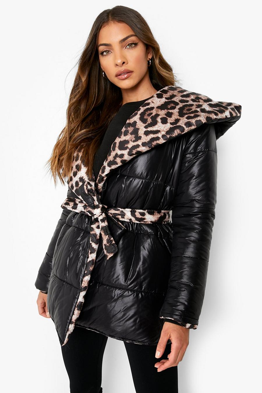 Brown Reversible Leopard Wrap Puffer image number 1