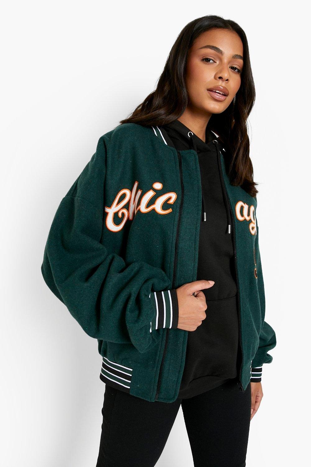 boohoo varsity jacket green