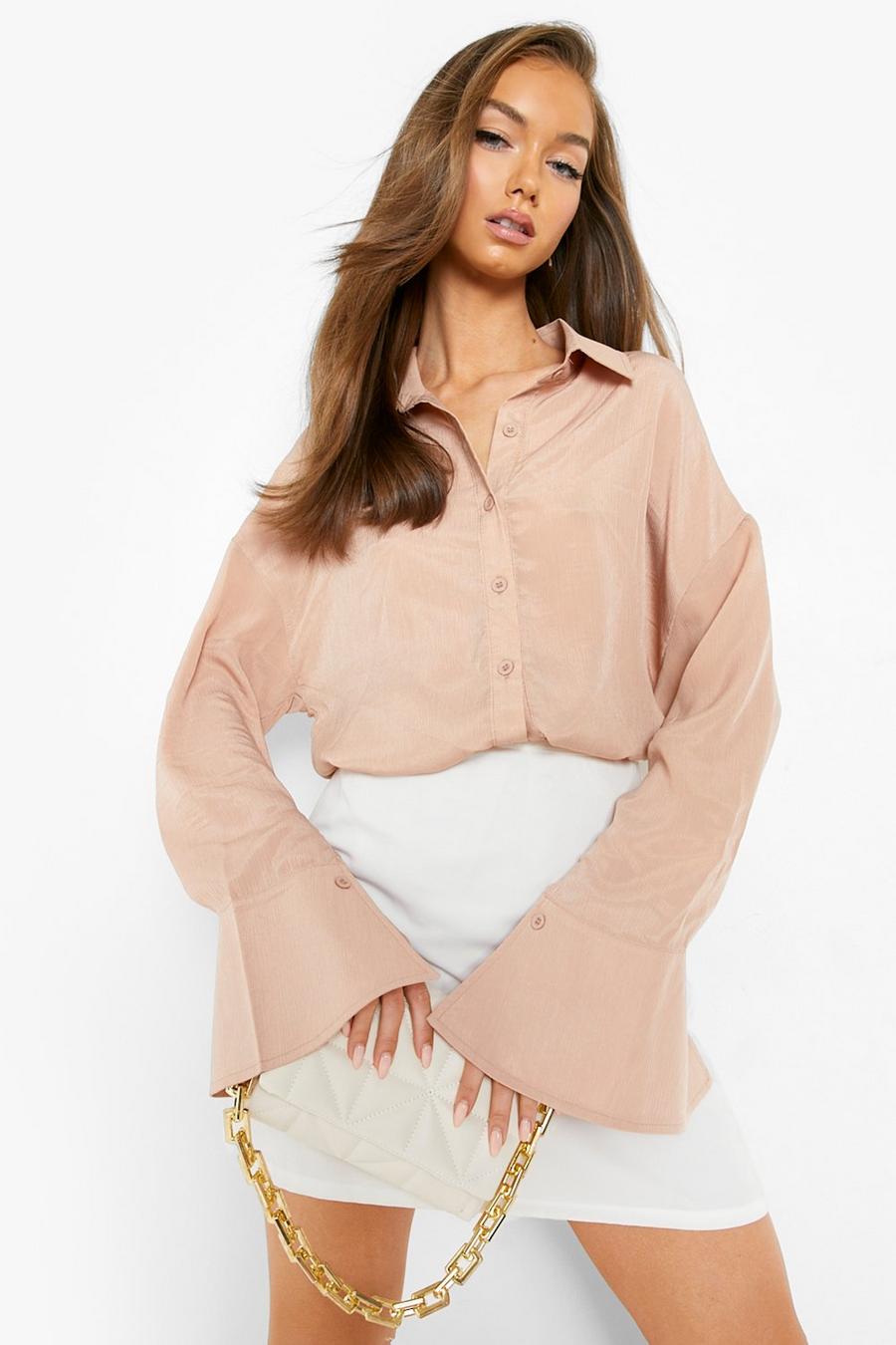 Nude Textured Matte Satin Flared Cuff Shirt  image number 1