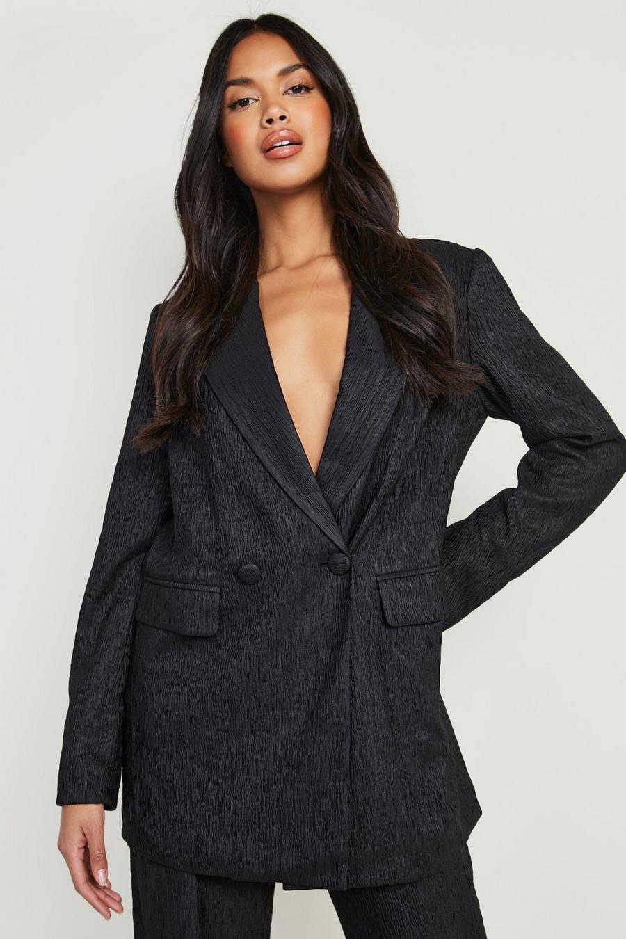 Black Textured Double Breasted Blazer
