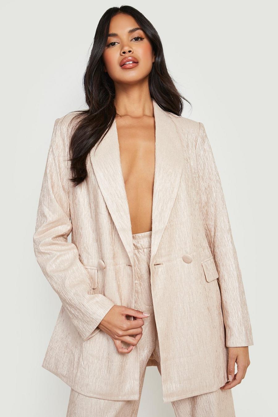 Taupe Textured Double Breasted Blazer image number 1