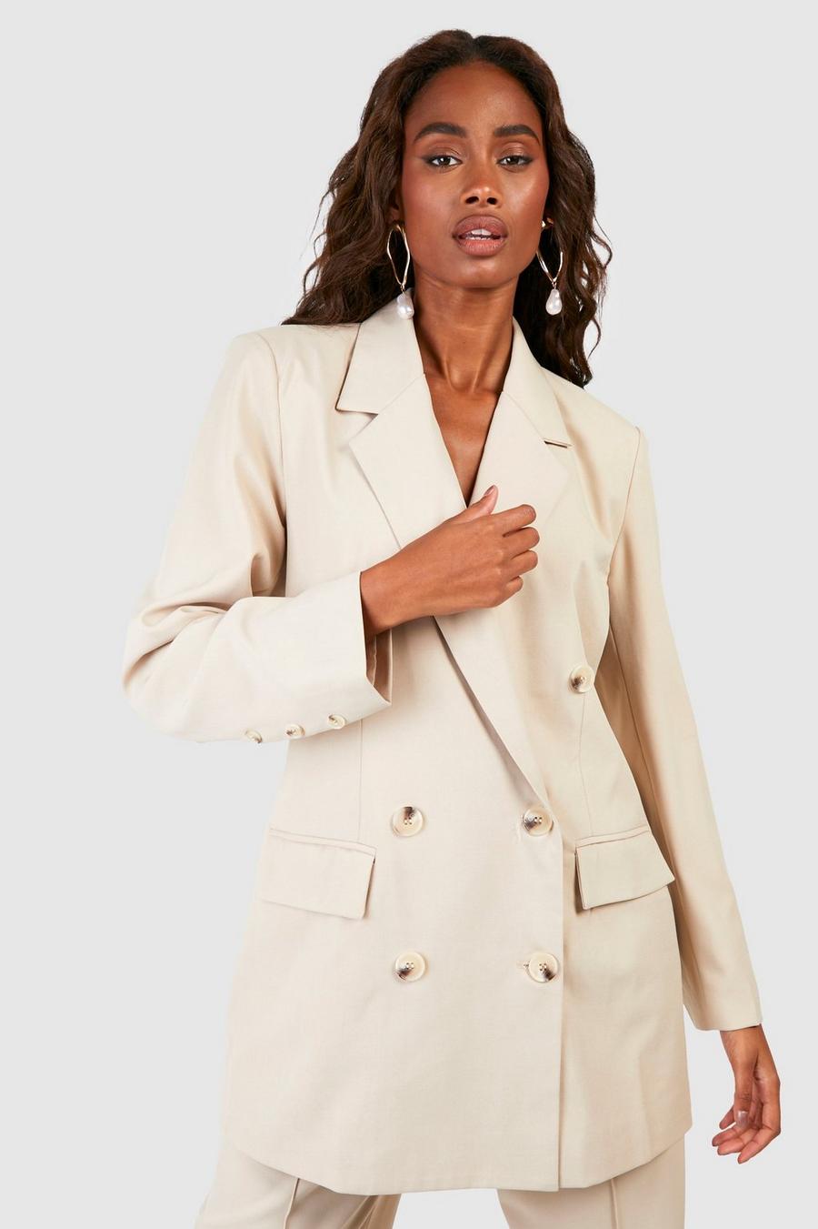 Sand Linen Look Mock Horn Double Breasted Blazer image number 1