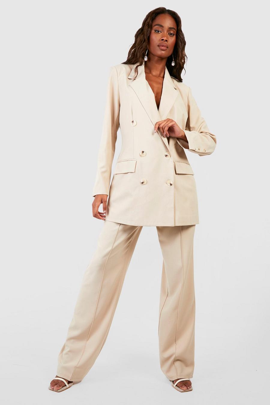 Stone Linen Look Mock Horn Tailored Trousers
