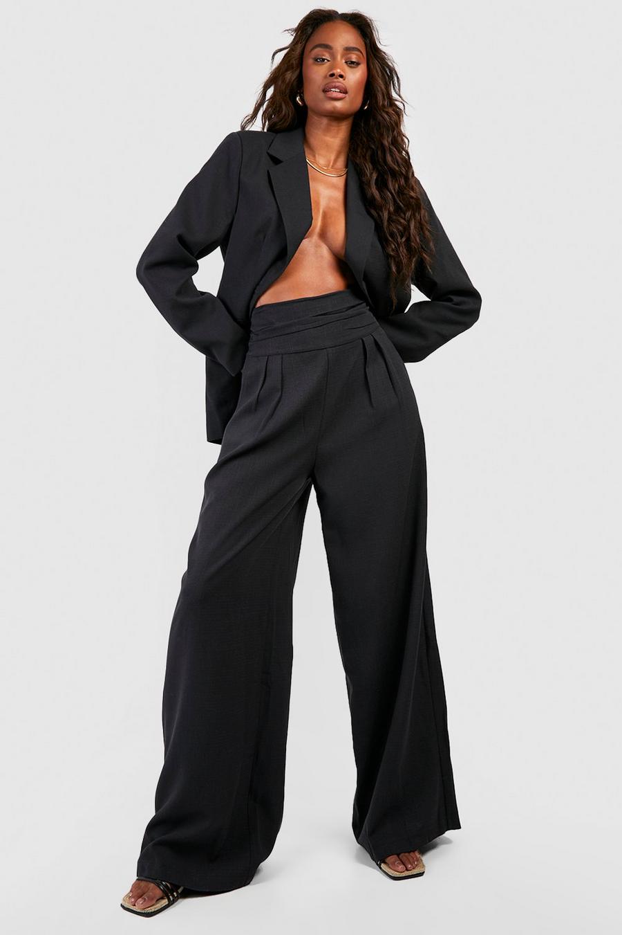 Black Textured Linen Look High Waist Trousers image number 1
