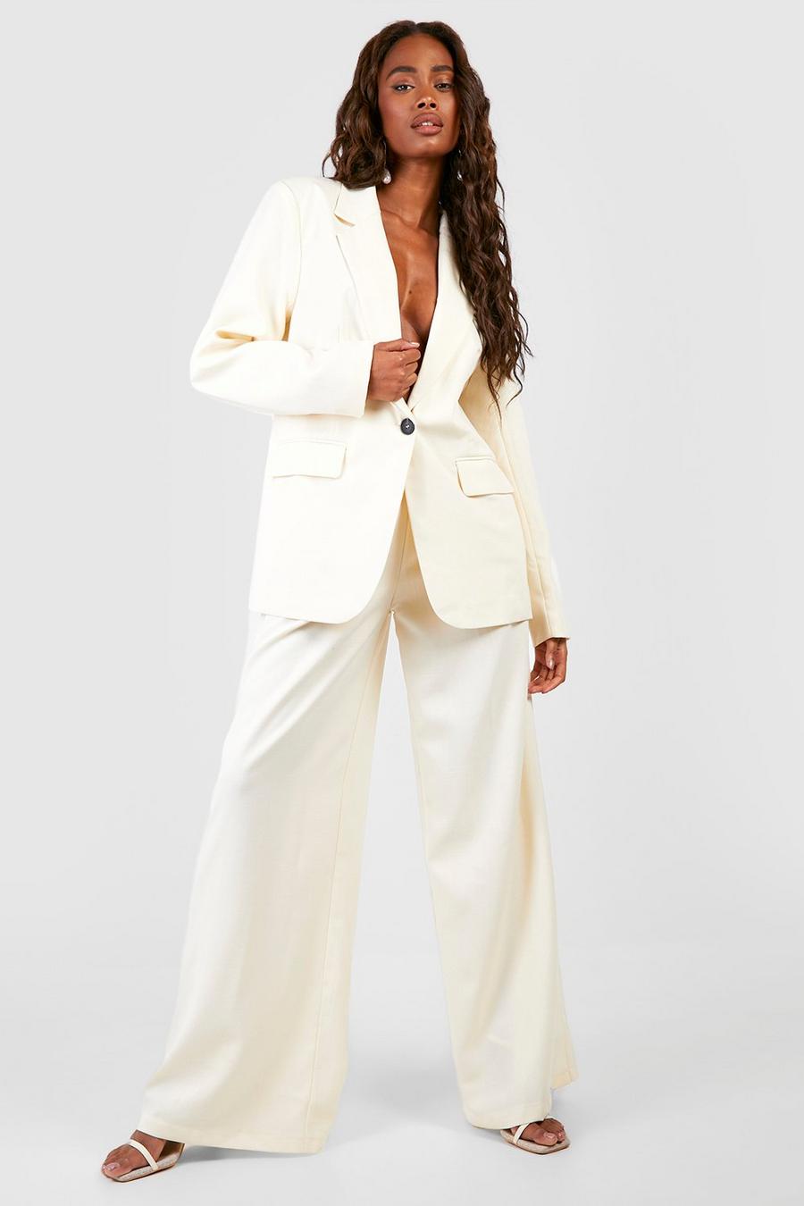 Cream blanc Textured Linen Look High Waist Trousers image number 1