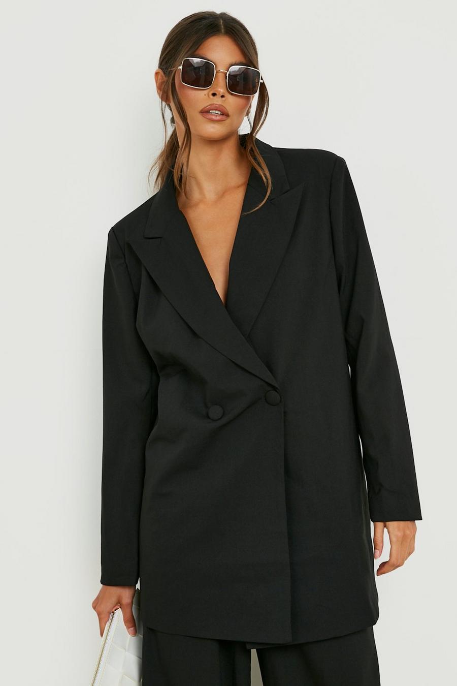Black Linen Look Double Breasted Blazer image number 1