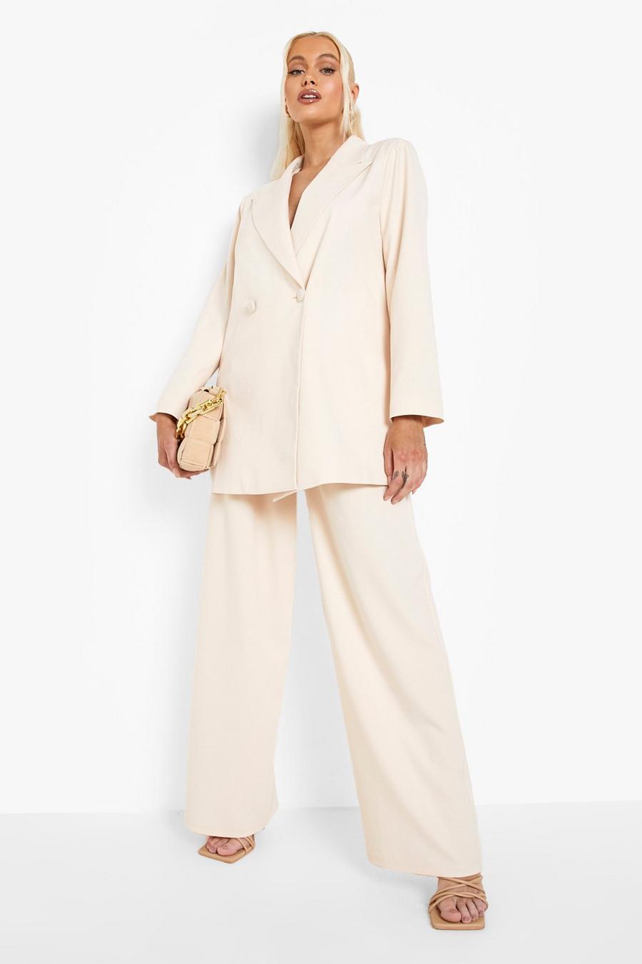 Cream blanc Linen Look Pleat Front Wide Leg Trousers image number 1