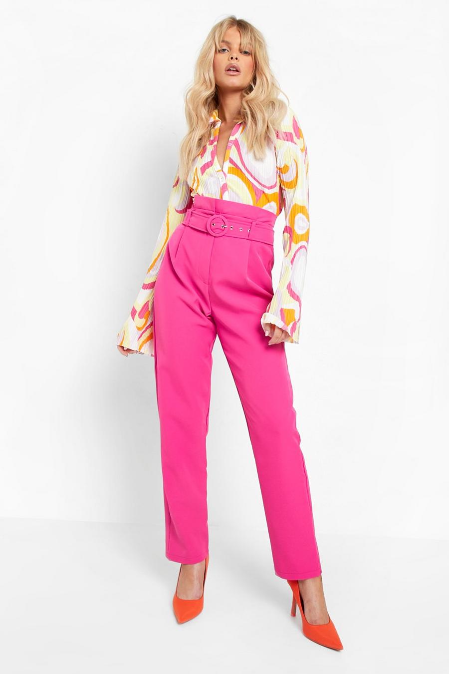 Hot pink Paperbag Waist Belted Tailored Trousers 