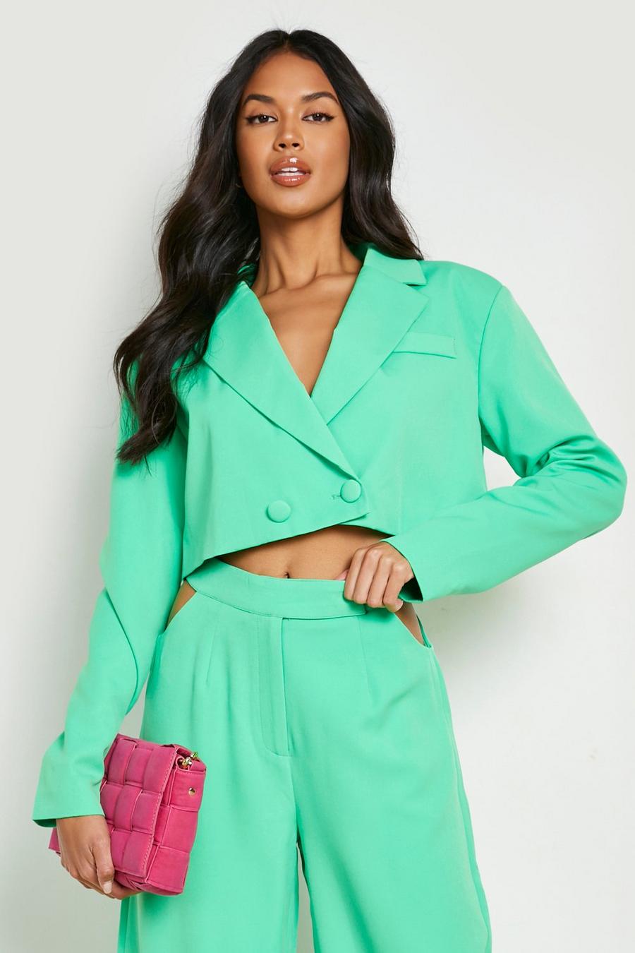 Bright green grön Cropped Tailored Blazer image number 1