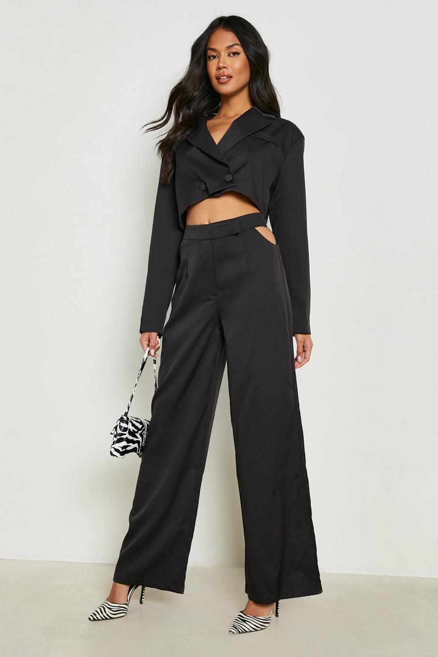 Black Cut Out Side Wide Leg Trousers image number 1
