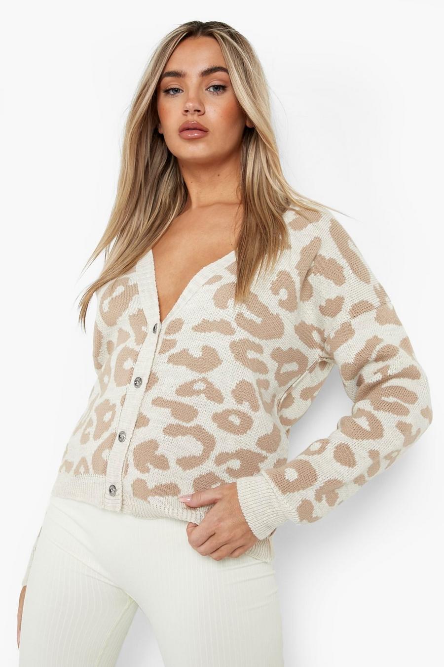 Stone beige Leopard Print Crop Cardigan