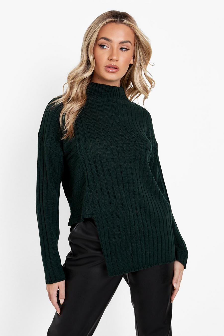 Forest Asymmetric Hemline Rib Knitted Sweater image number 1