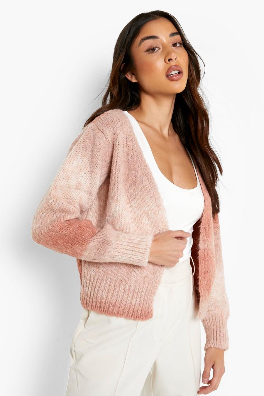 Blush Soft Knit Balloon Sleeve Ombre Cropped Cardigan image number 1