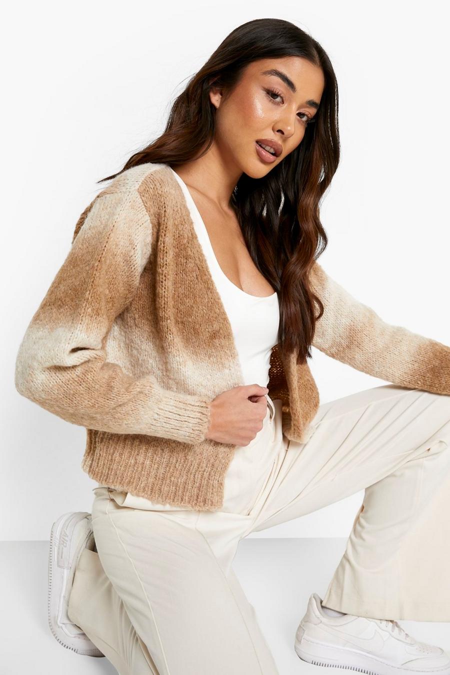 Stone Soft Knit Balloon Sleeve Ombre Cropped Cardigan image number 1