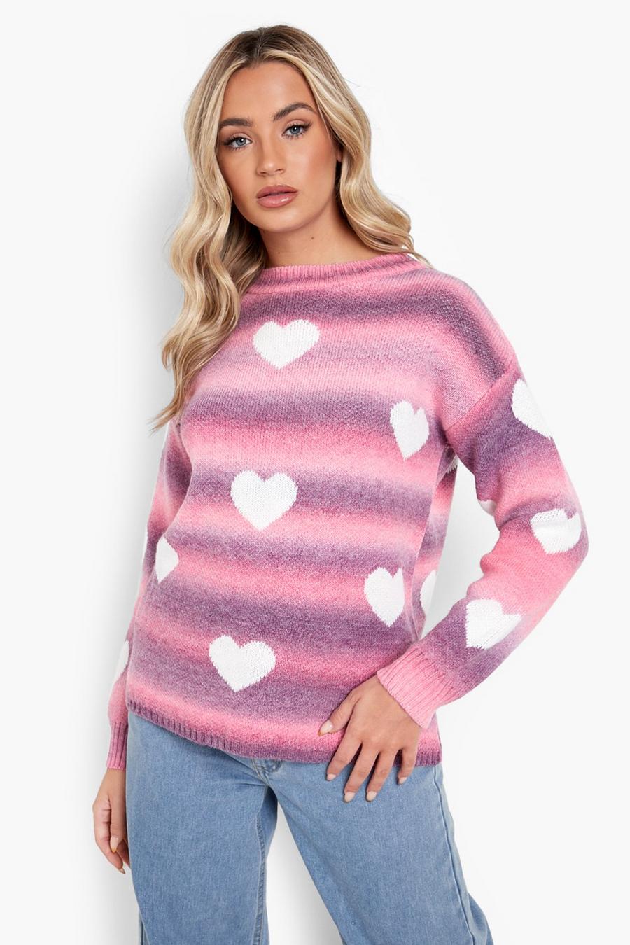 Pink Soft Knit Heart Print Ombre Sweater image number 1