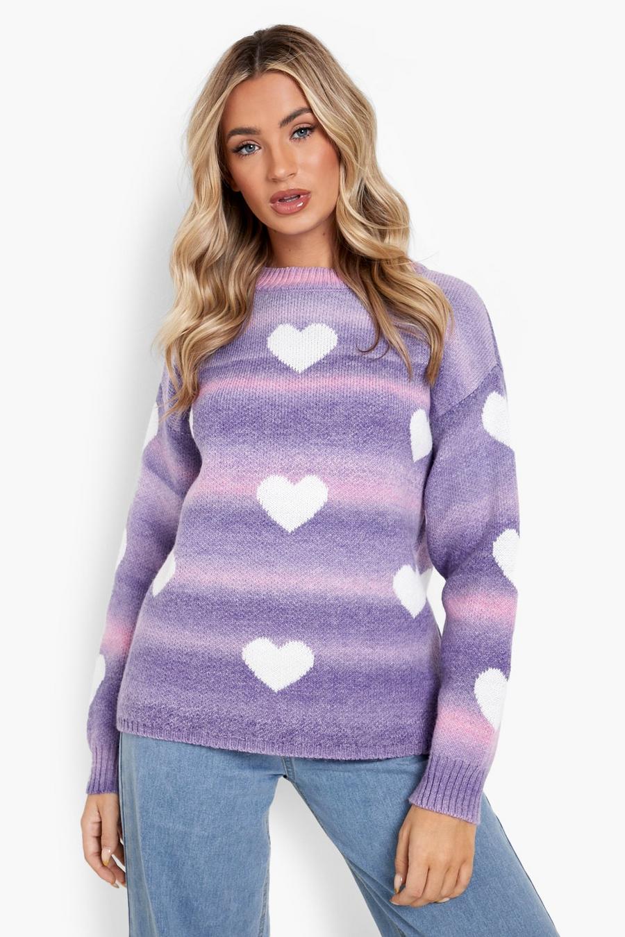 Purple Soft Knit Heart Print Ombre Jumper  image number 1