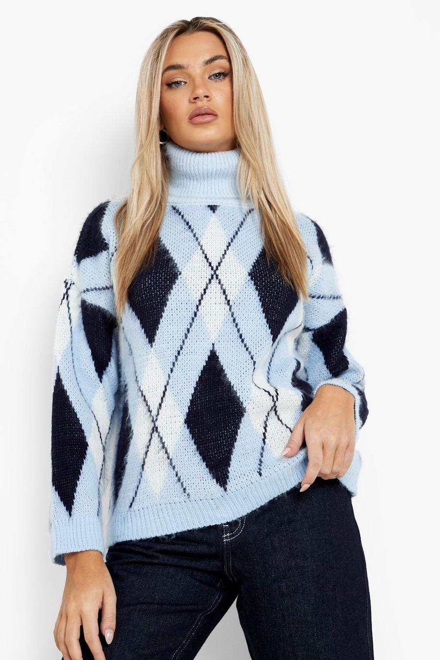 Blue Soft Knit Diamond Check Roll Neck Jumper  image number 1