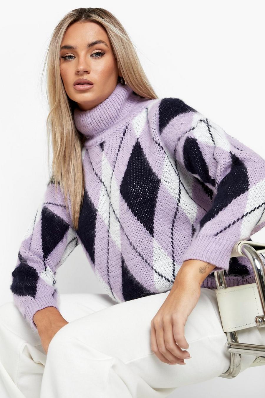 Lilac Soft Knit Diamond Check Roll Neck Jumper  image number 1