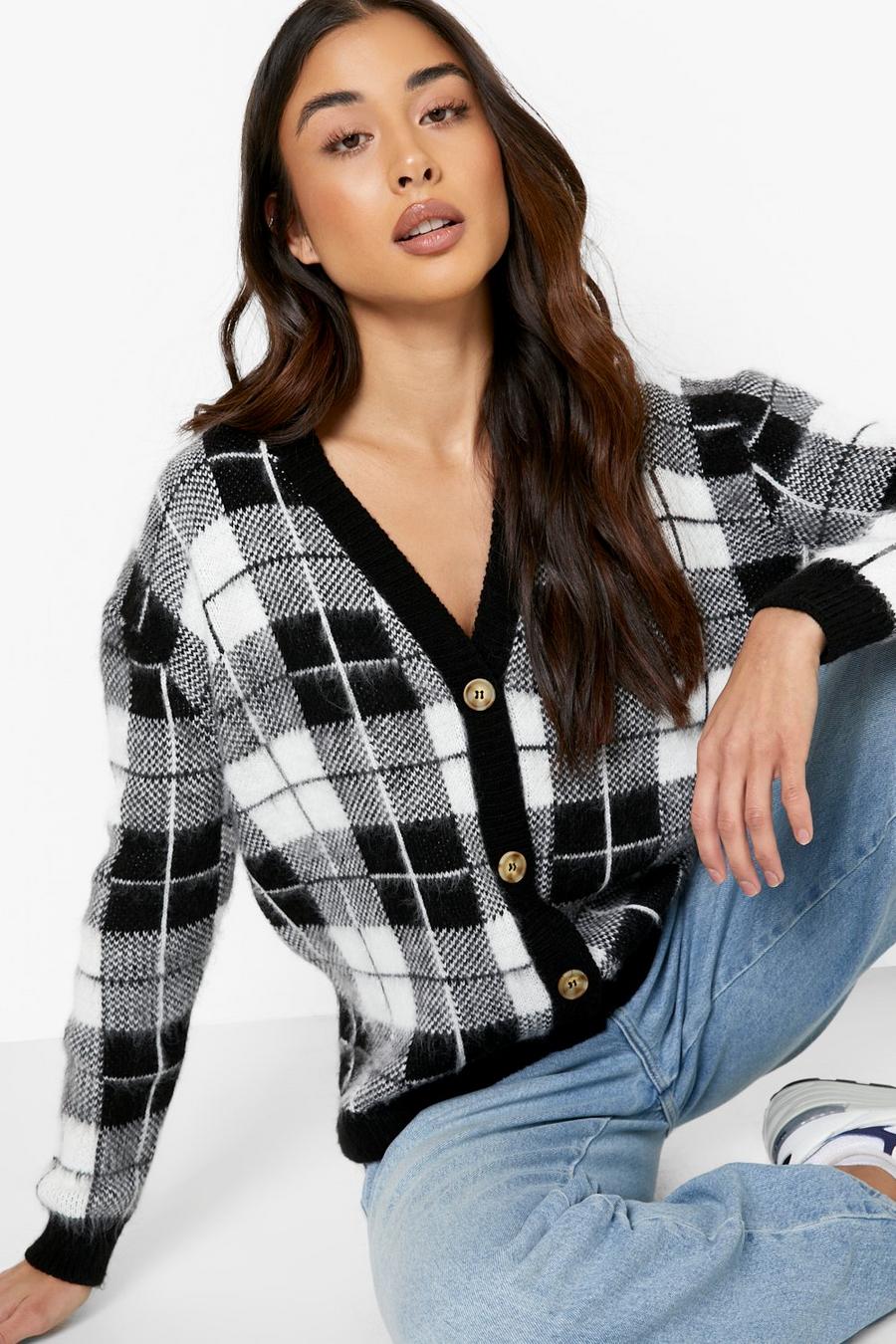 Black Soft Knit Check Slouchy Cardigan  image number 1