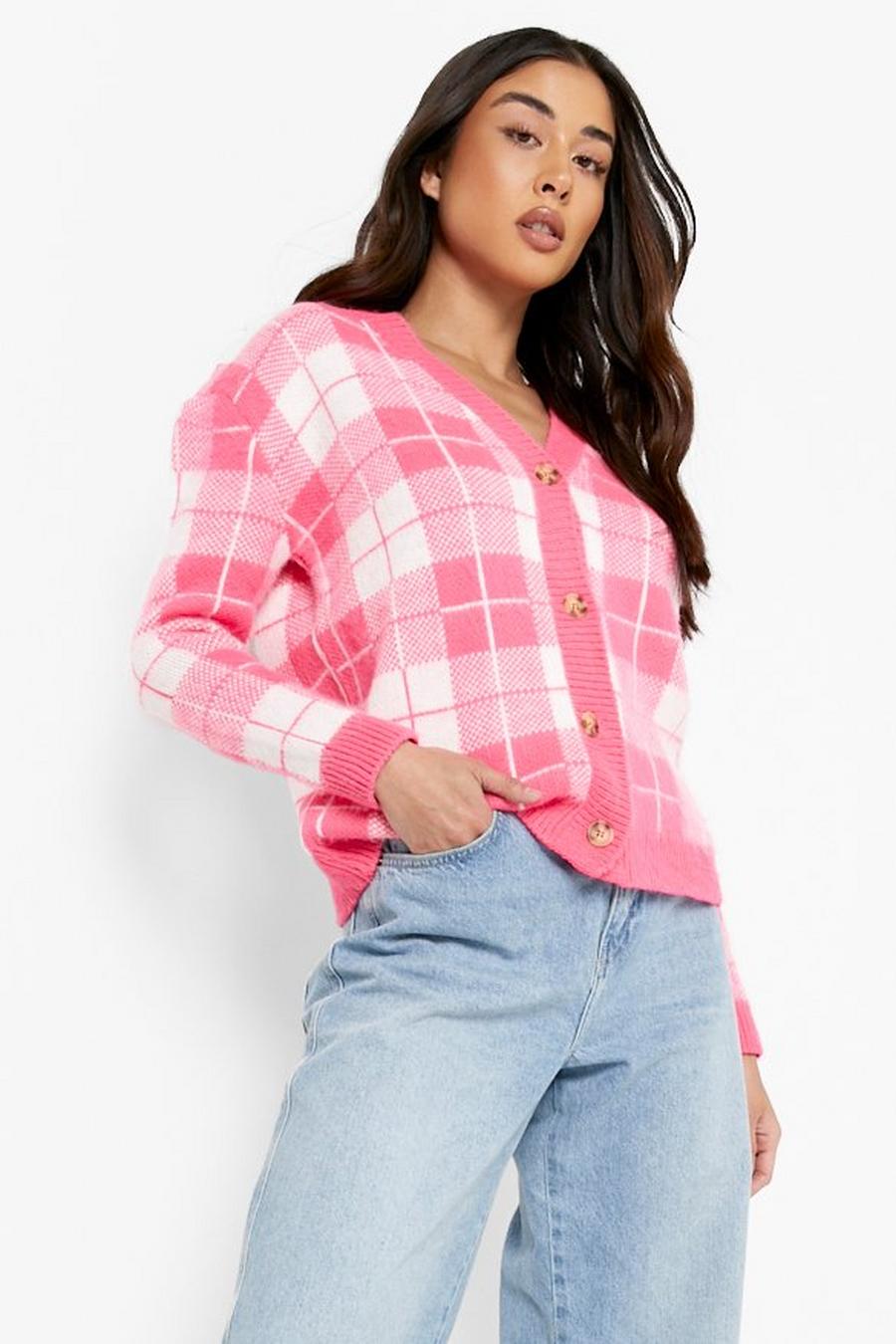 Pink Soft Knit Check Slouchy Cardigan  image number 1