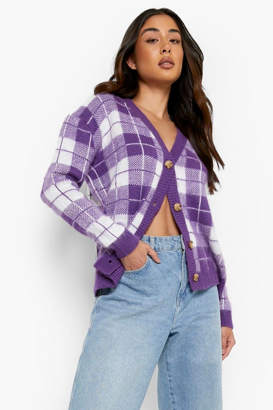 Purple Soft Knit Check Slouchy Cardigan image number 1