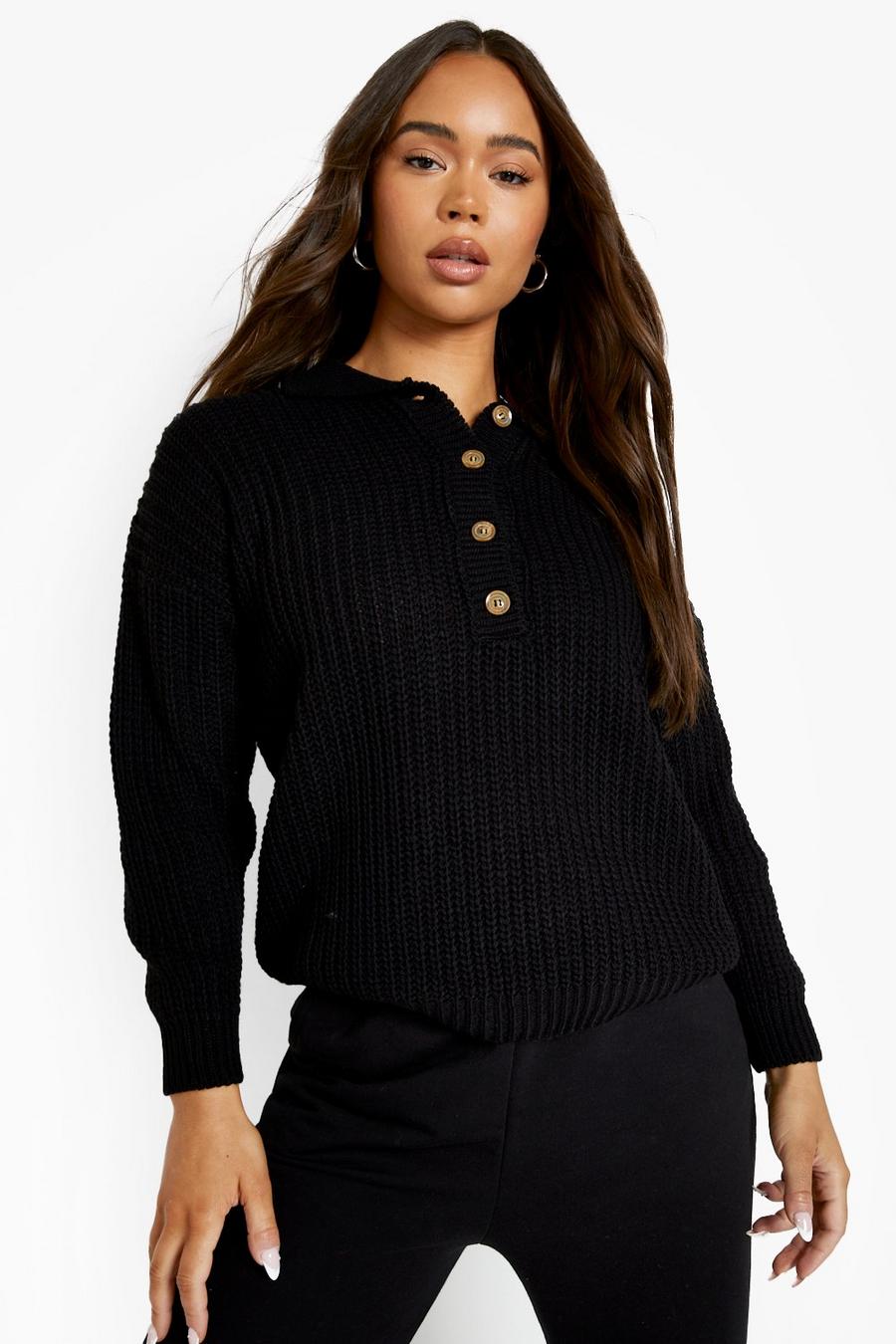 Black Soft Knit Grandad Collar Rib Sweater image number 1