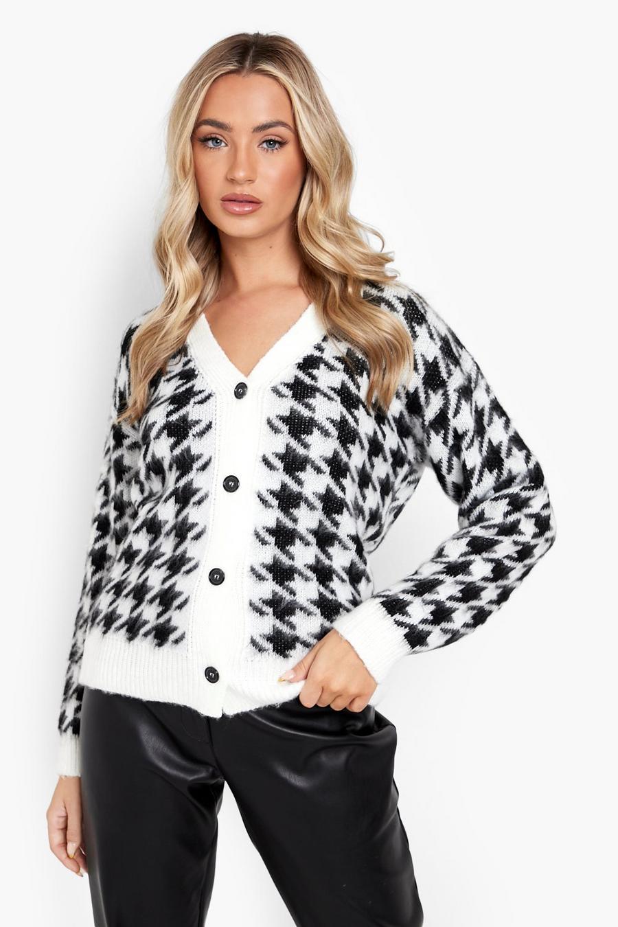 Black Bright Houndstooth Check Cropped Cardigan image number 1
