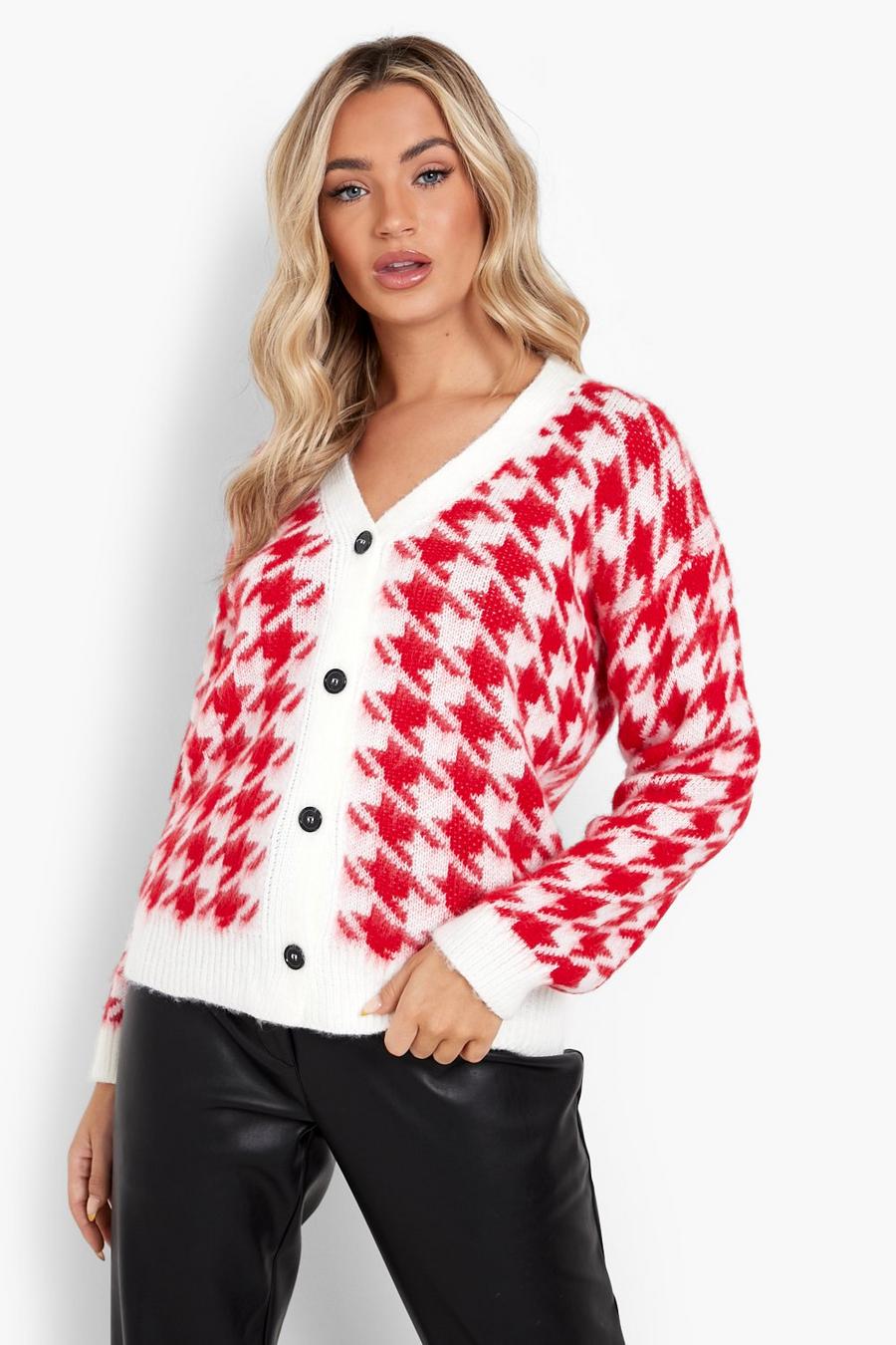 Red Bright Houndstooth Check Cropped Cardigan