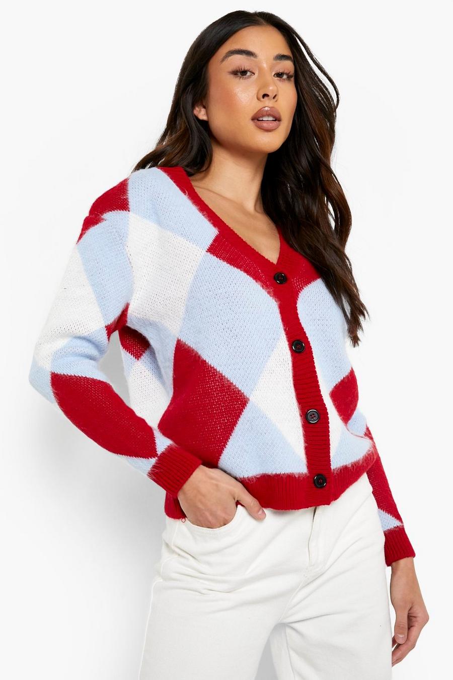 Red Soft Knitted Bright Argyle Check Cropped Cardigan image number 1