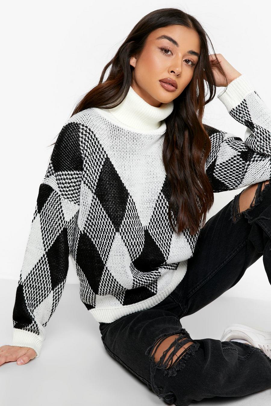 Black Turtleneck Diamond Flannel Sweater image number 1